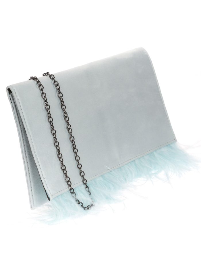 Cartera fiesta antelina plumas azul-claro