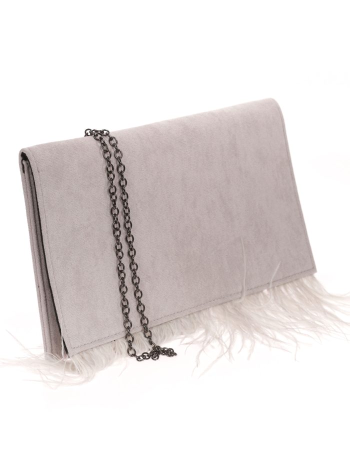Carteira festa camurça penas cinza-claro