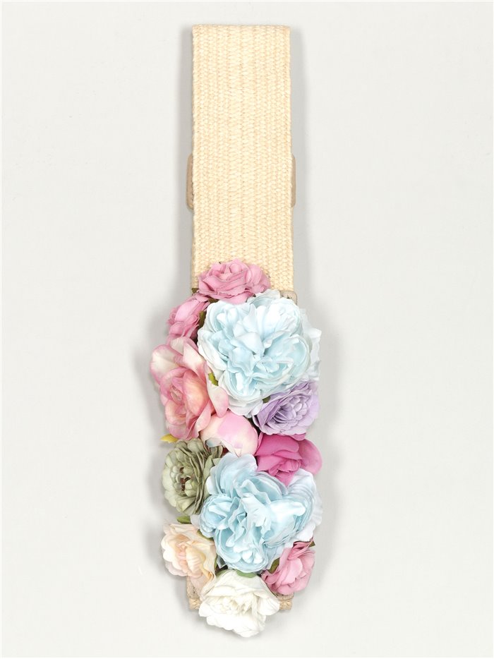 Cinturón elástico flores beis-multi