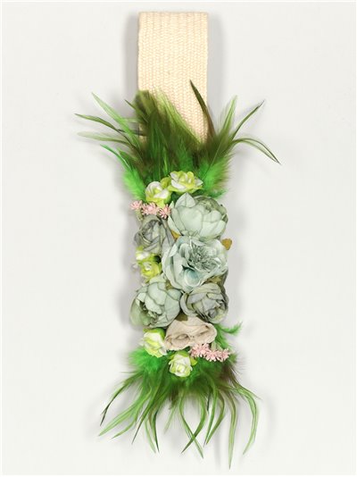 Cinturón elástico flores beis-verde-hierba