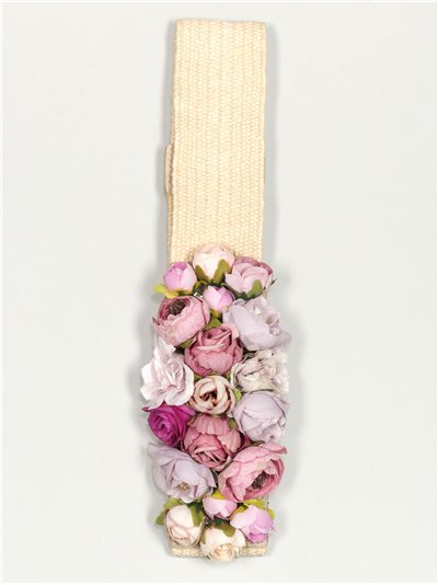 Elastic belt with flowers beis-rosa-palo