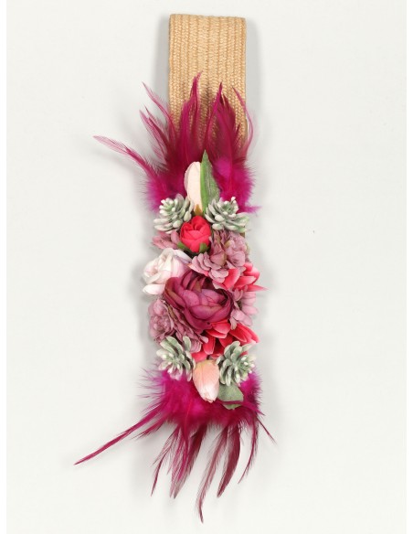 Cinturón elástico flores beis-fucsia