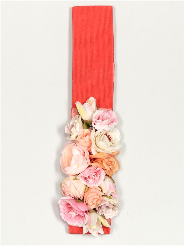 Elastic belt with flowers coral