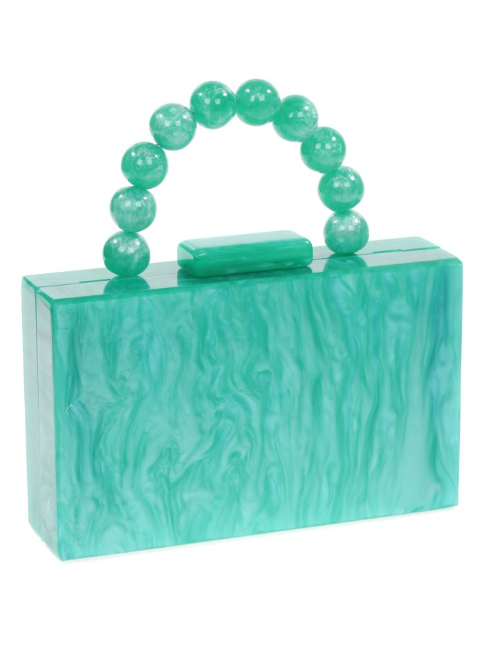 Clutch fiesta nácar detalle asa esmeralda