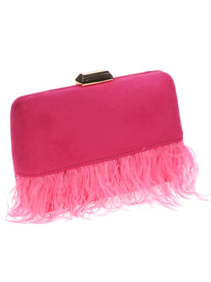 Suede effect clutch with feathers fucsia