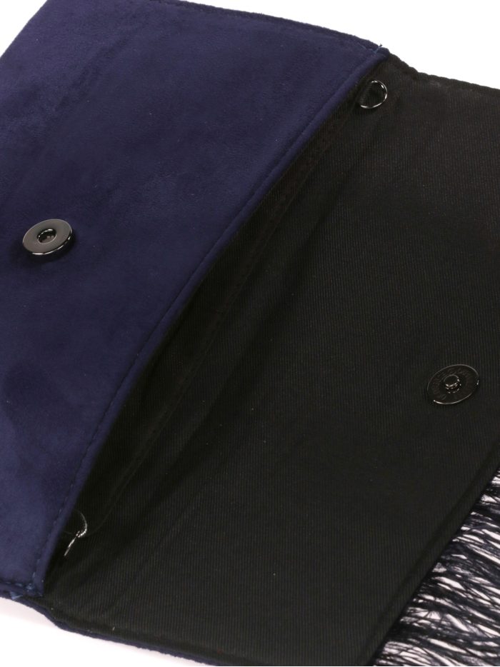 Carteira festa camurça penas azul-marinho