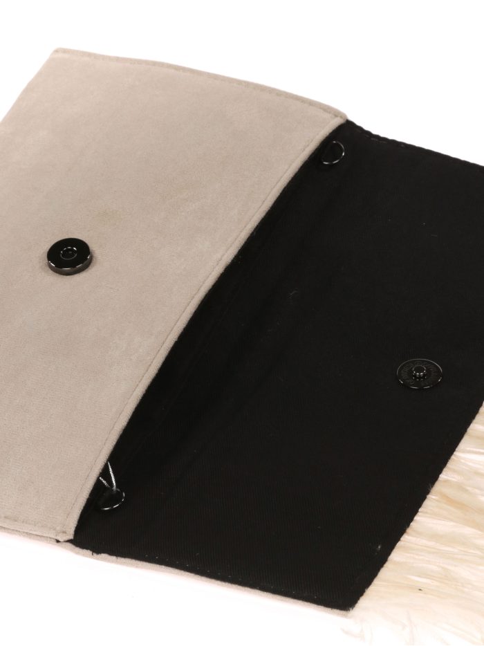 Suede effect clutch with feathers beige