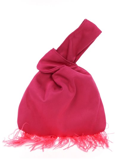 Suede effect japanese knot bag with feathers fucsia