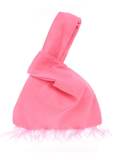 Suede effect japanese knot bag with feathers fucsia-fluor