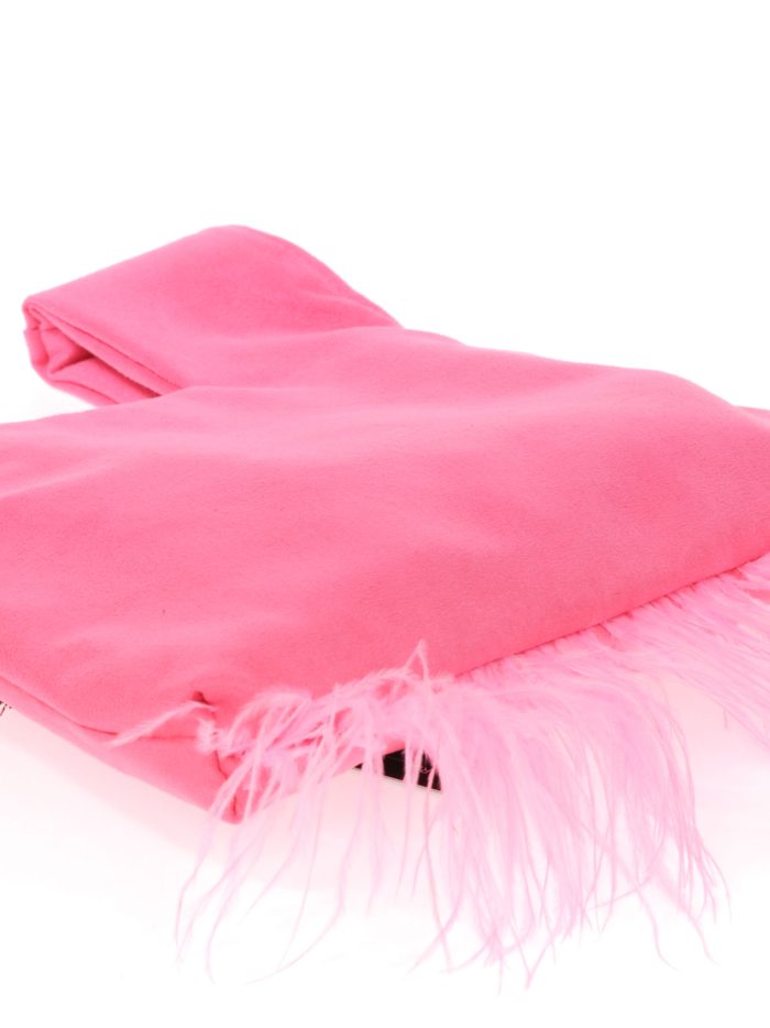Suede effect japanese knot bag with feathers fucsia-fluor