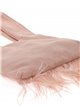 Suede effect japanese knot bag with feathers rosa-palo