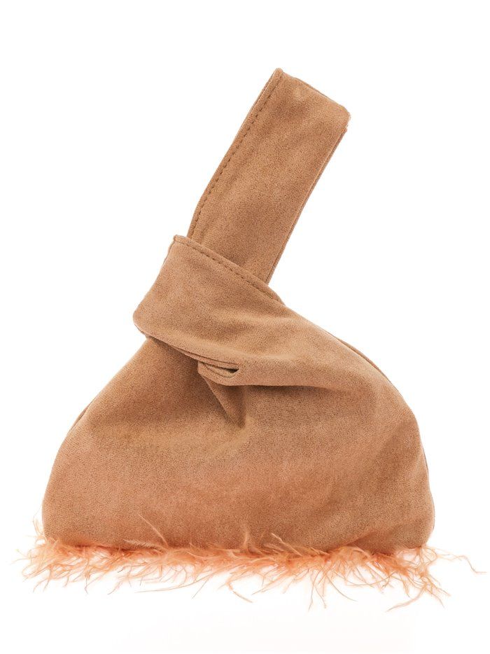 Suede effect japanese knot bag with feathers camel