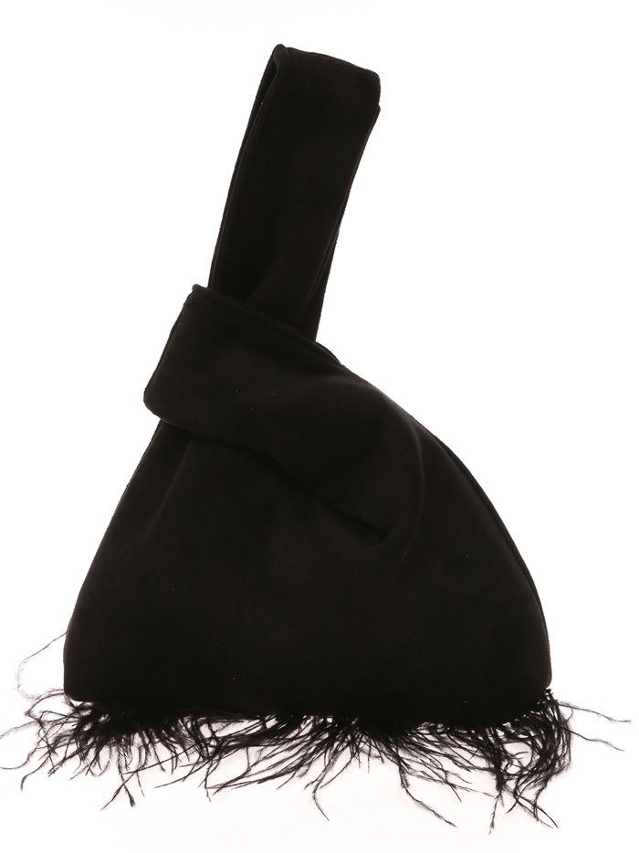 Suede effect japanese knot bag with feathers negro