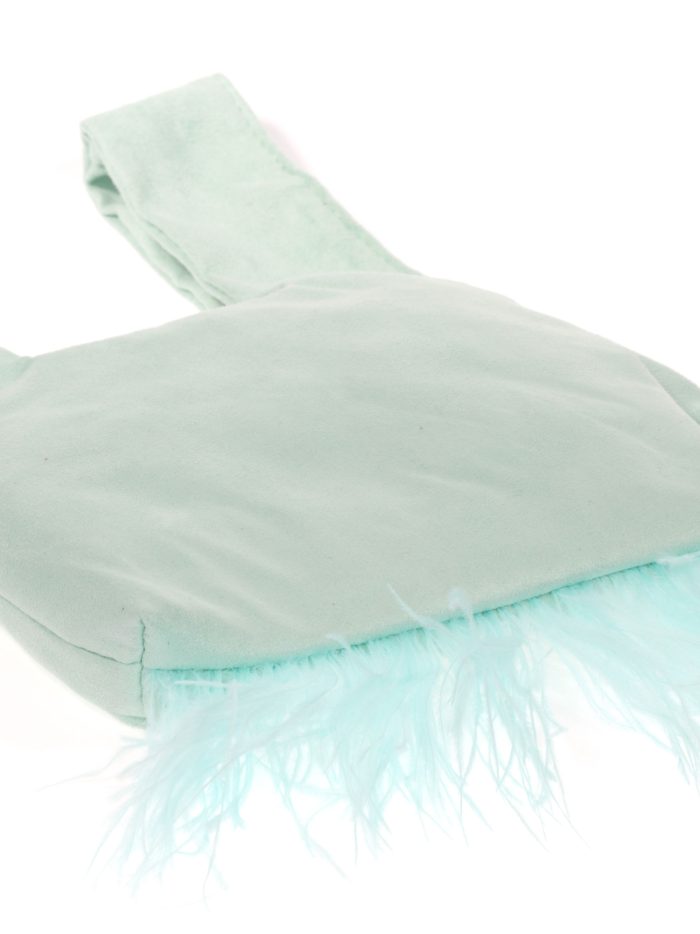 Suede effect japanese knot bag with feathers aguamarina