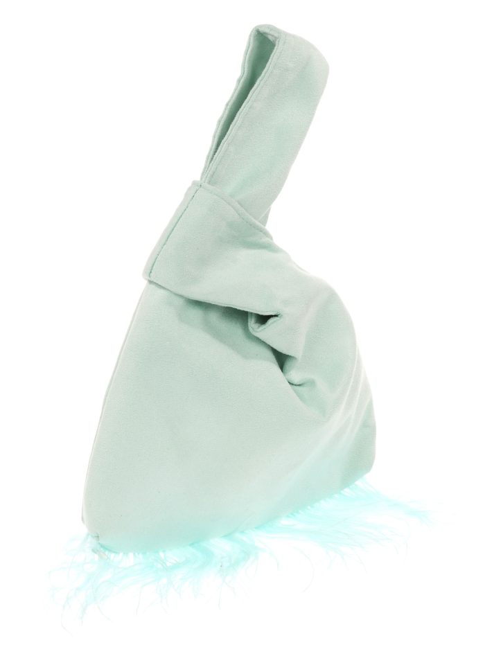 Suede effect japanese knot bag with feathers aguamarina