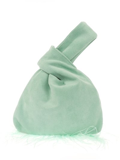 Suede effect japanese knot bag with feathers verde-agua
