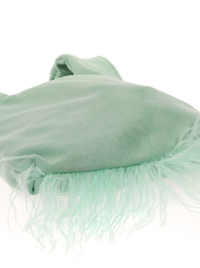Suede effect japanese knot bag with feathers verde-agua