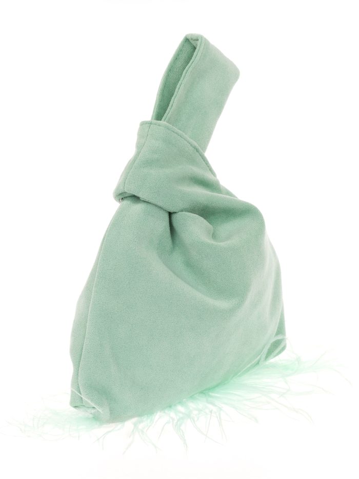 Suede effect japanese knot bag with feathers verde-agua