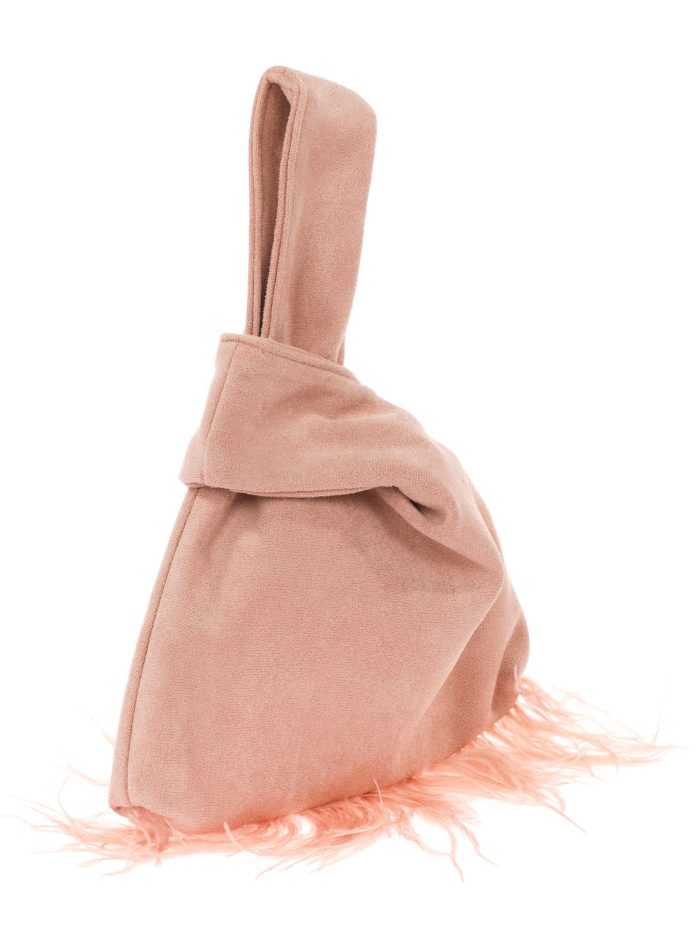 Suede effect japanese knot bag with feathers nude
