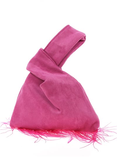 Suede effect japanese knot bag with feathers buganvia