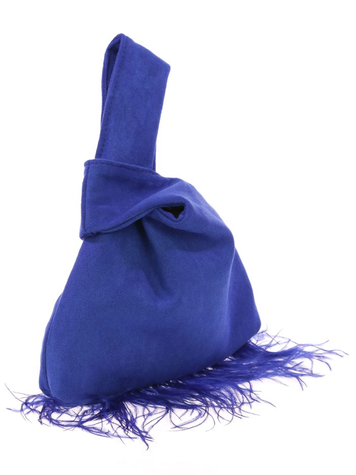 Suede effect japanese knot bag with feathers azulon