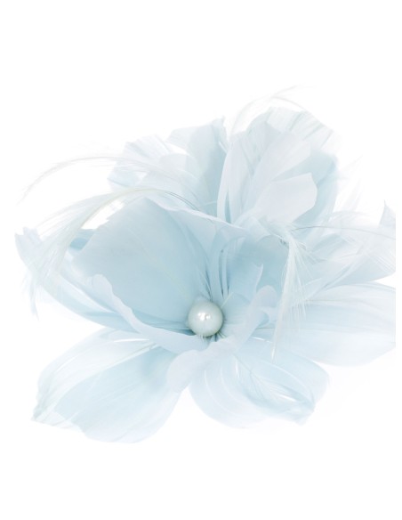 Tocado pequeño plumas perlas celeste