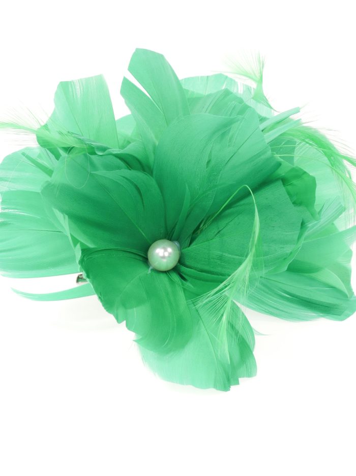 Tocado pequeño plumas perlas verde-hierba