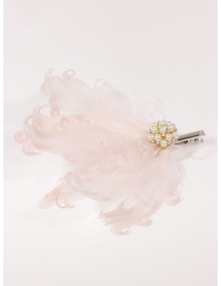 Tocado pequeño plumas perlas beis