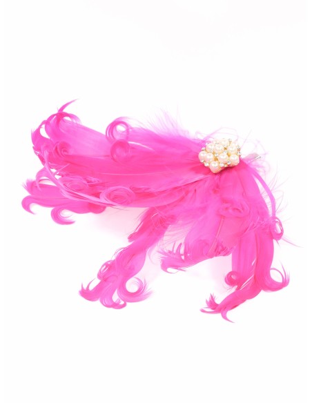 Tocado pequeño plumas perlas fucsia