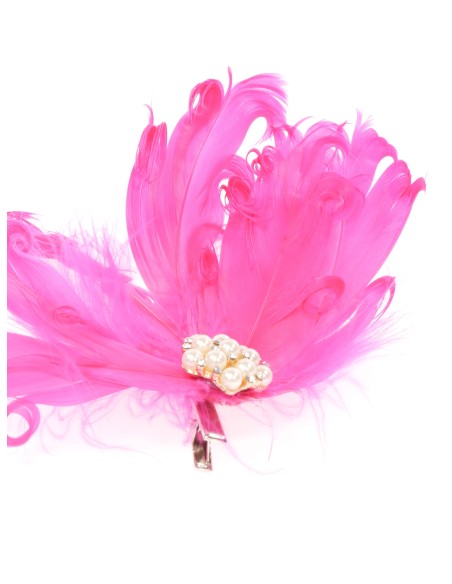 Tocado pequeño plumas perlas fucsia