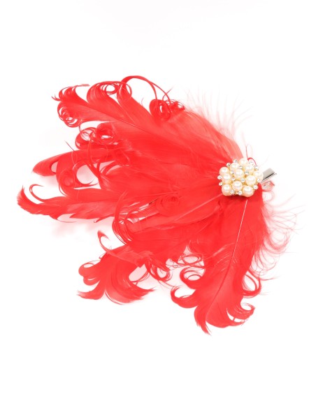 Tocado pequeño plumas perlas rojo