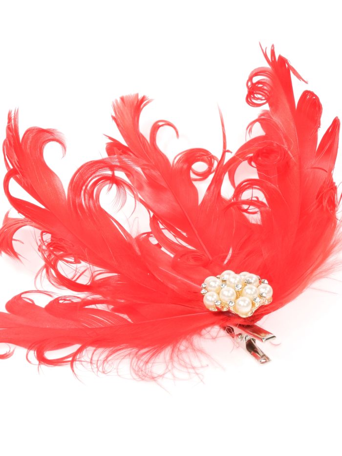 Tocado pequeño plumas perlas rojo
