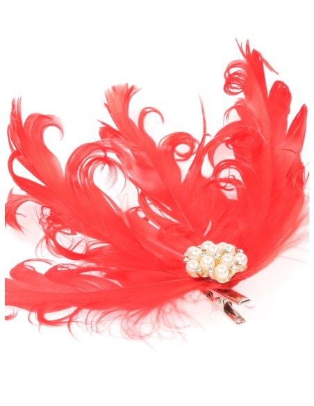 Tocado pequeño plumas perlas rojo