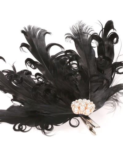 Tocado pequeño plumas perlas negro 2