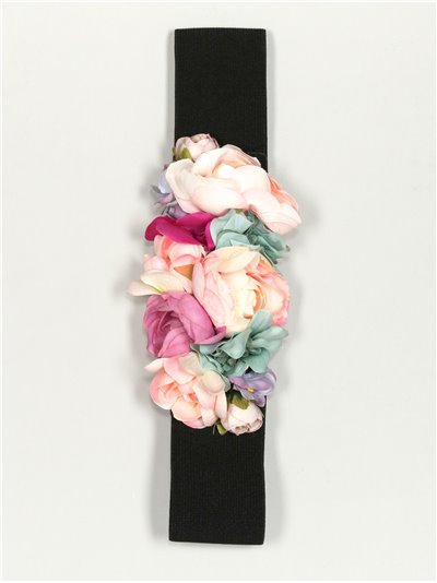 Elastic belt with flowers negro