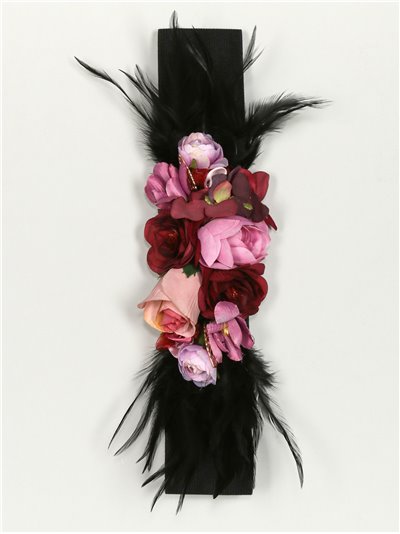 Cinturón elástico flores plumas negro
