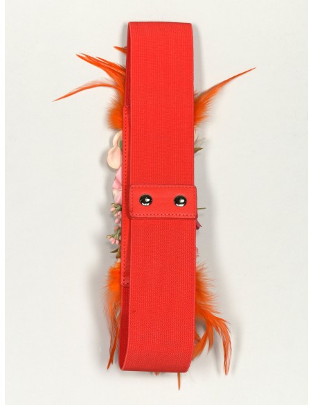 Cinturón elástico flores plumas coral