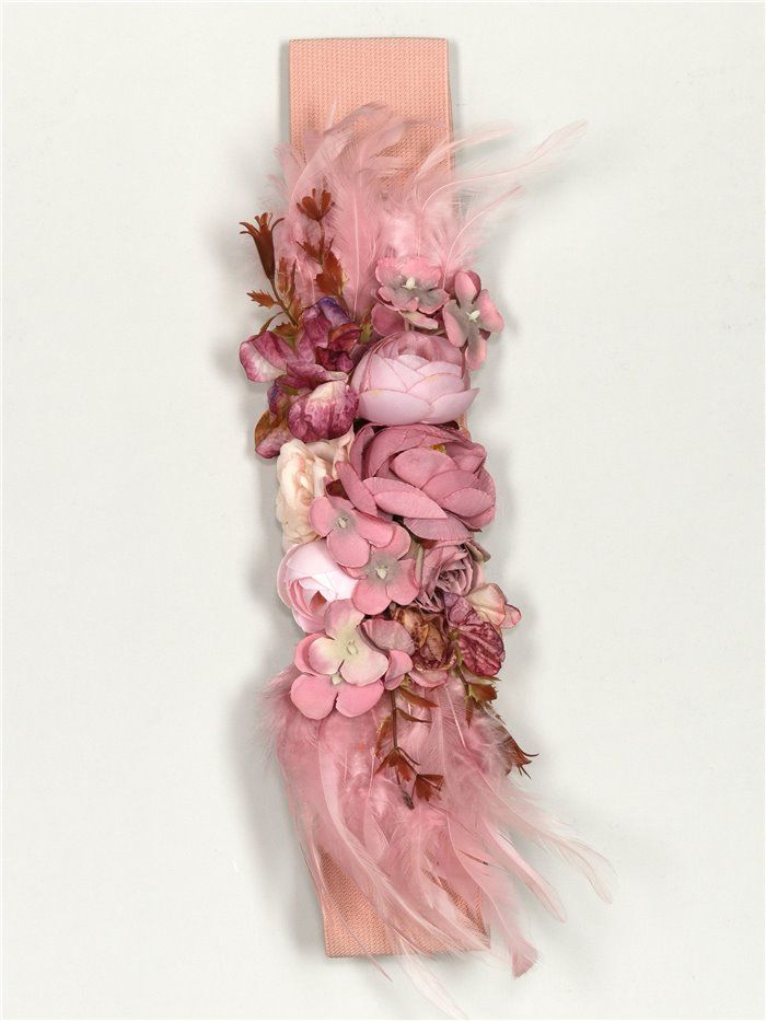 Cinturón elástico flores plumas rosa