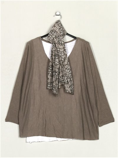 Plus size sweater with scarf + top taupe