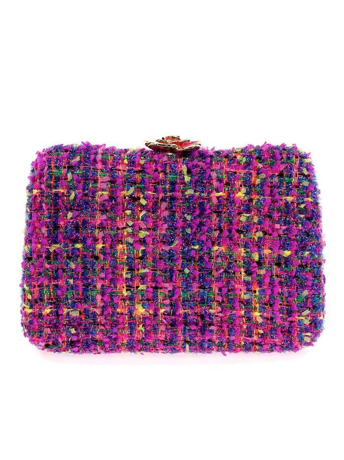 Tweed clutch with flower fucsia