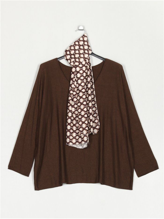 Oversized sweater with scarf marron