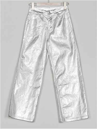 Jeans rectos metalizados tiro alto plata (XS-XL)