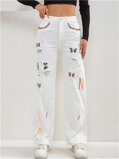 Jeans rectos pedrería tiro alto blanco (S-XL)