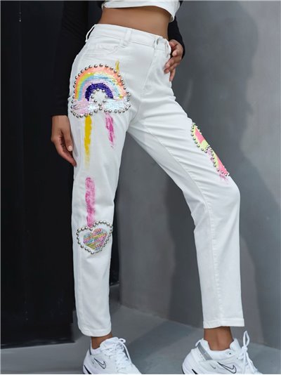 Jeans arcoíris lentejuelas tiro alto blanco (S-XL)