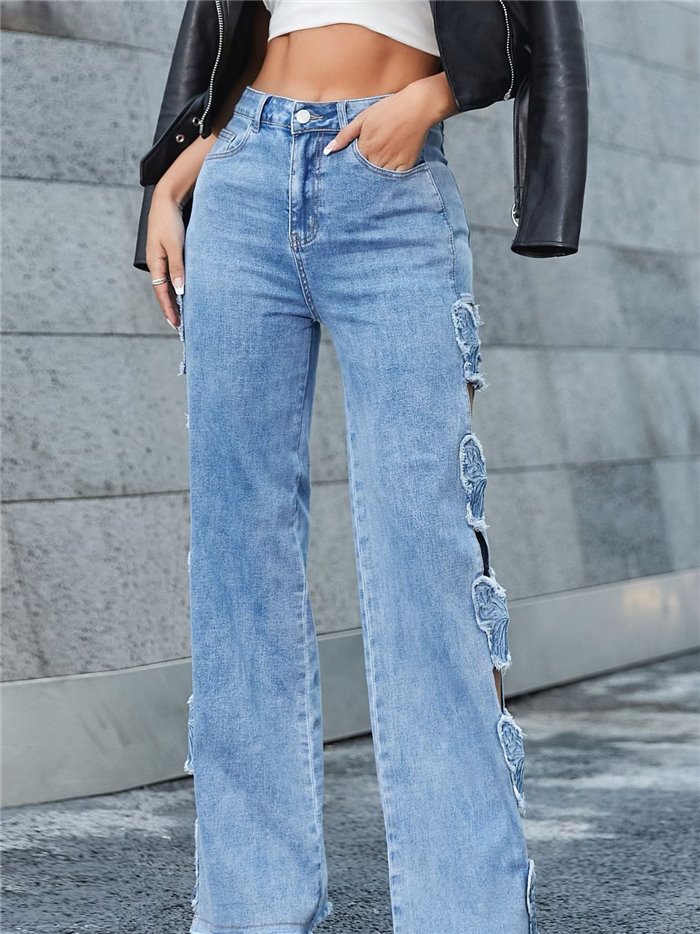 High waist side embroidered straight jeans azul (S-XL)