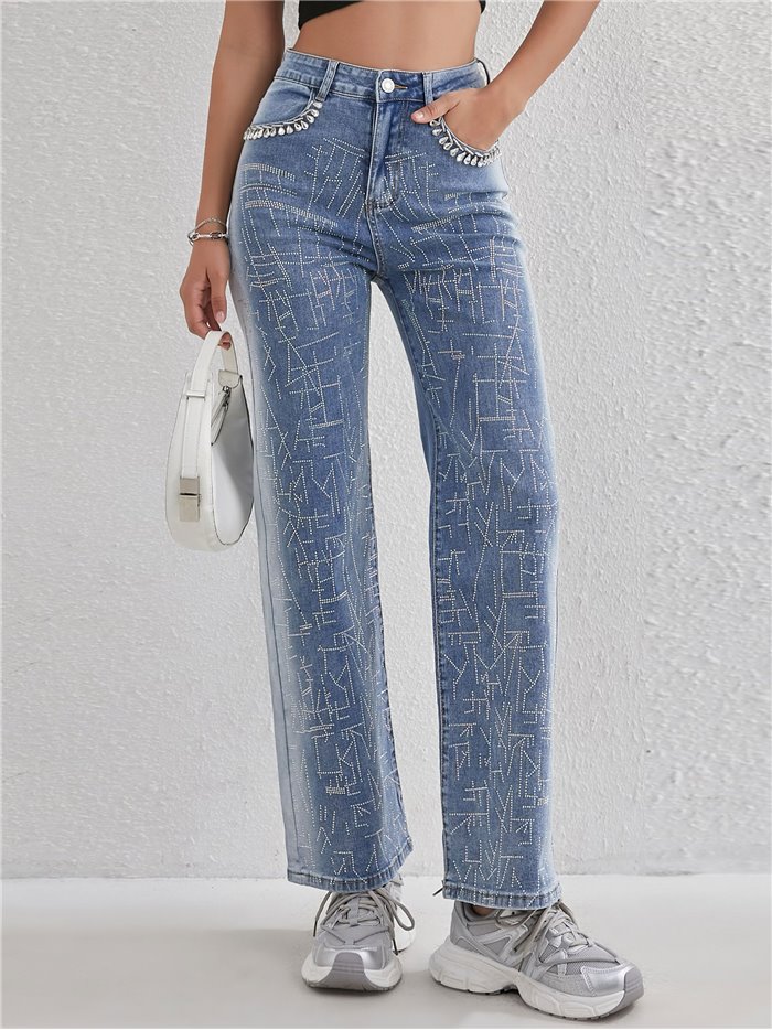 High waist straight jeans with rhinestone azul (S-XL)