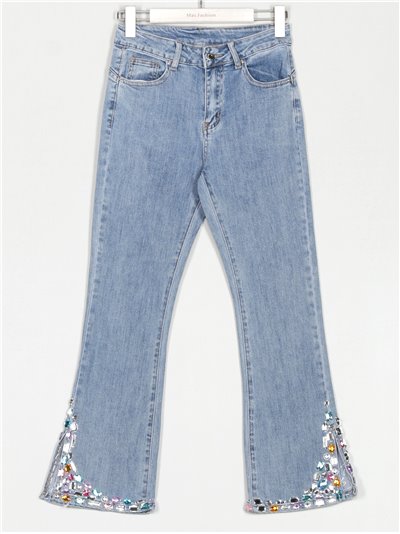 Jeans flare pedrería tiro alto azul (S-XXL)