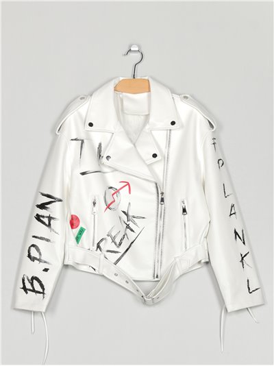 Faux leather slogan biker jacket white (S-M-L)