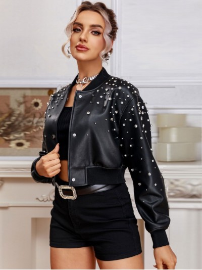 Faux leather jacket with rhinestone black (S-XL)