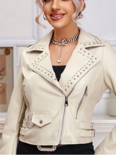 Faux leather studded biker jacket beige (S-XL)